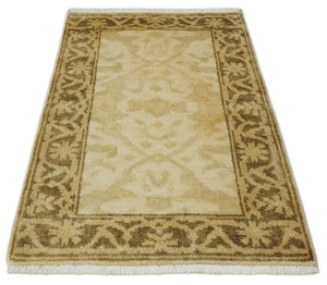 2x3 Hand Knotted Beige and Olive Traditional  Oushak Wool Rug