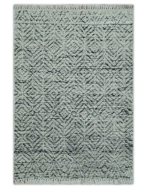 2x3 Hand Knotted Ivory and Charcoal Stripes Tribal Pattern Wool Rug