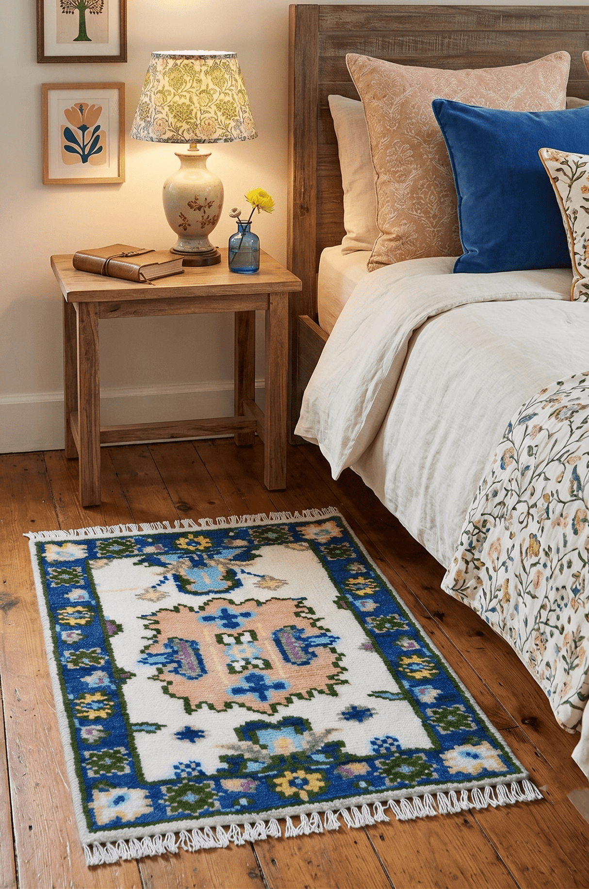 2x3 Ivory And Blue Oushak Hand Knotted Wool Rug