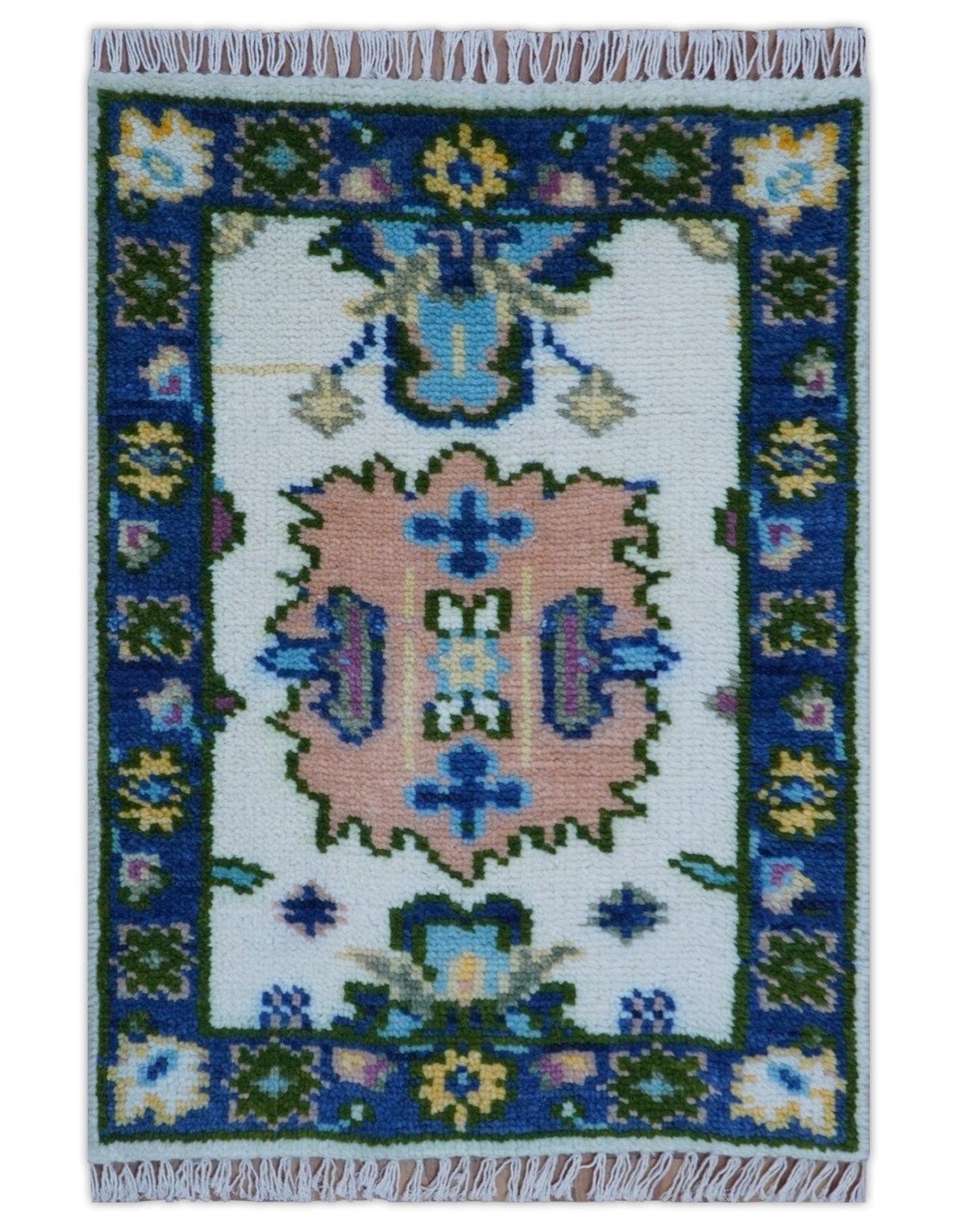 2x3 Ivory And Blue Oushak Hand Knotted Wool Rug