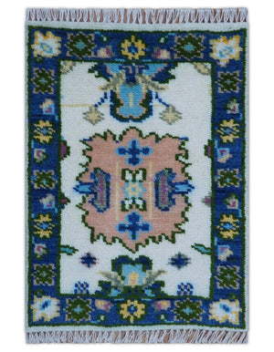 2x3 Ivory And Blue Oushak Hand Knotted Wool Rug