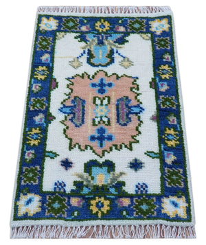 2x3 Ivory And Blue Oushak Hand Knotted Wool Rug