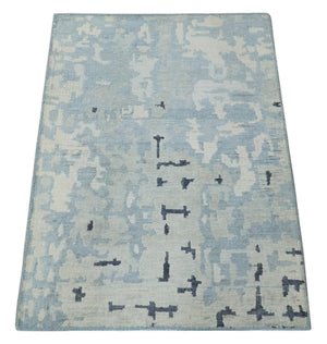 2x3 Modern Abstract Blue, Ivory and Charcoal Bamboo silk Rug
