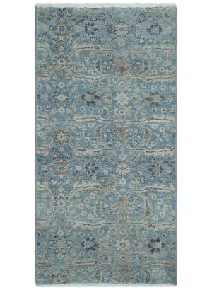 2x4 Aqua Blue and Beige Hand Knotted Traditional Vintage Wool Rug