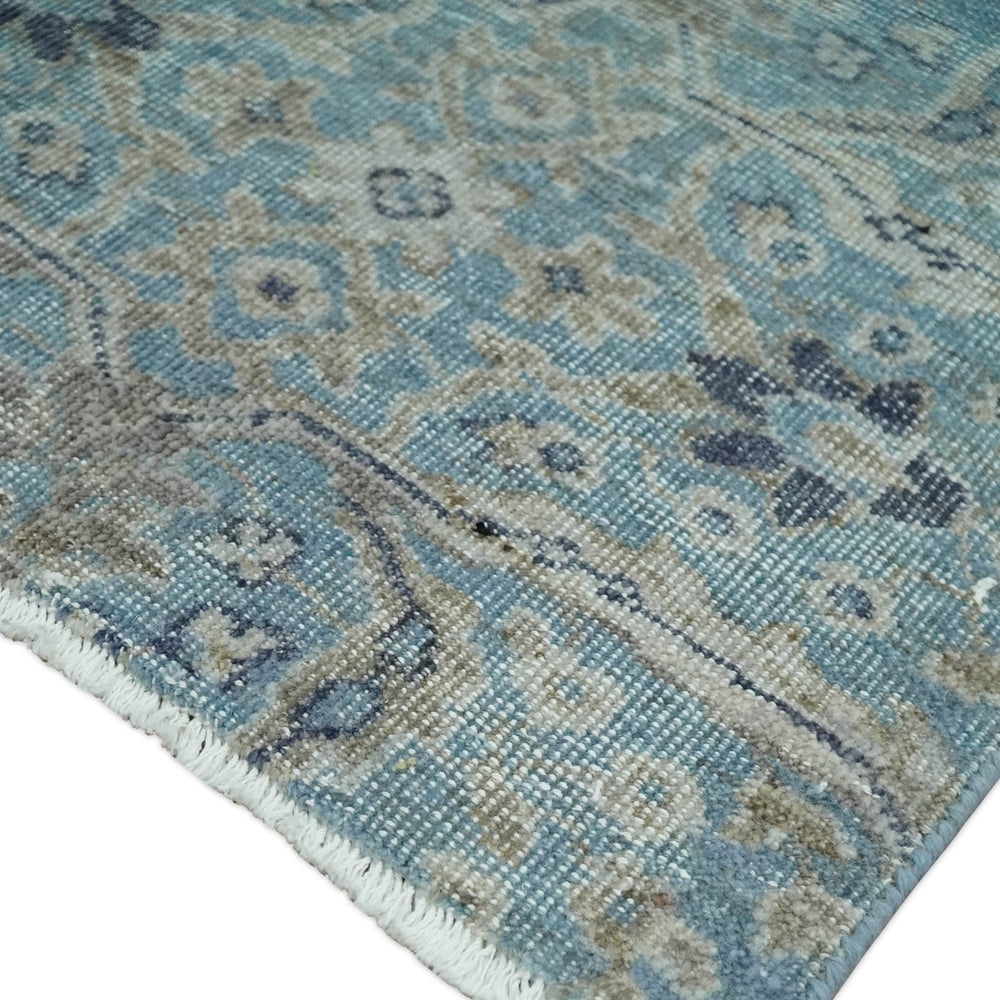 2x4 Aqua Blue and Beige Hand Knotted Traditional Vintage Wool Rug