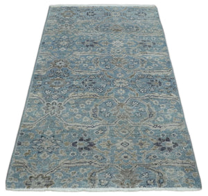 2x4 Aqua Blue and Beige Hand Knotted Traditional Vintage Wool Rug