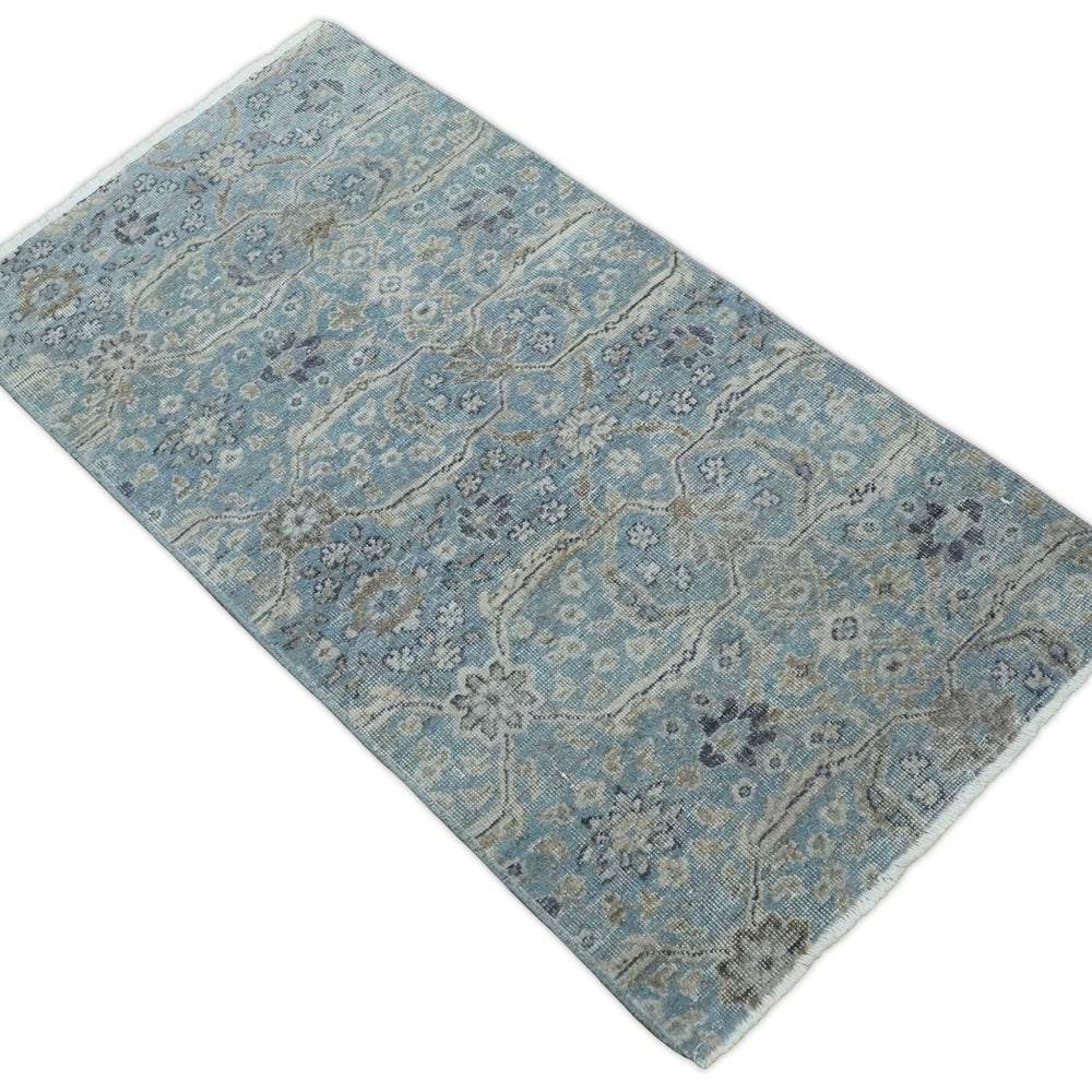 2x4 Aqua Blue and Beige Hand Knotted Traditional Vintage Wool Rug