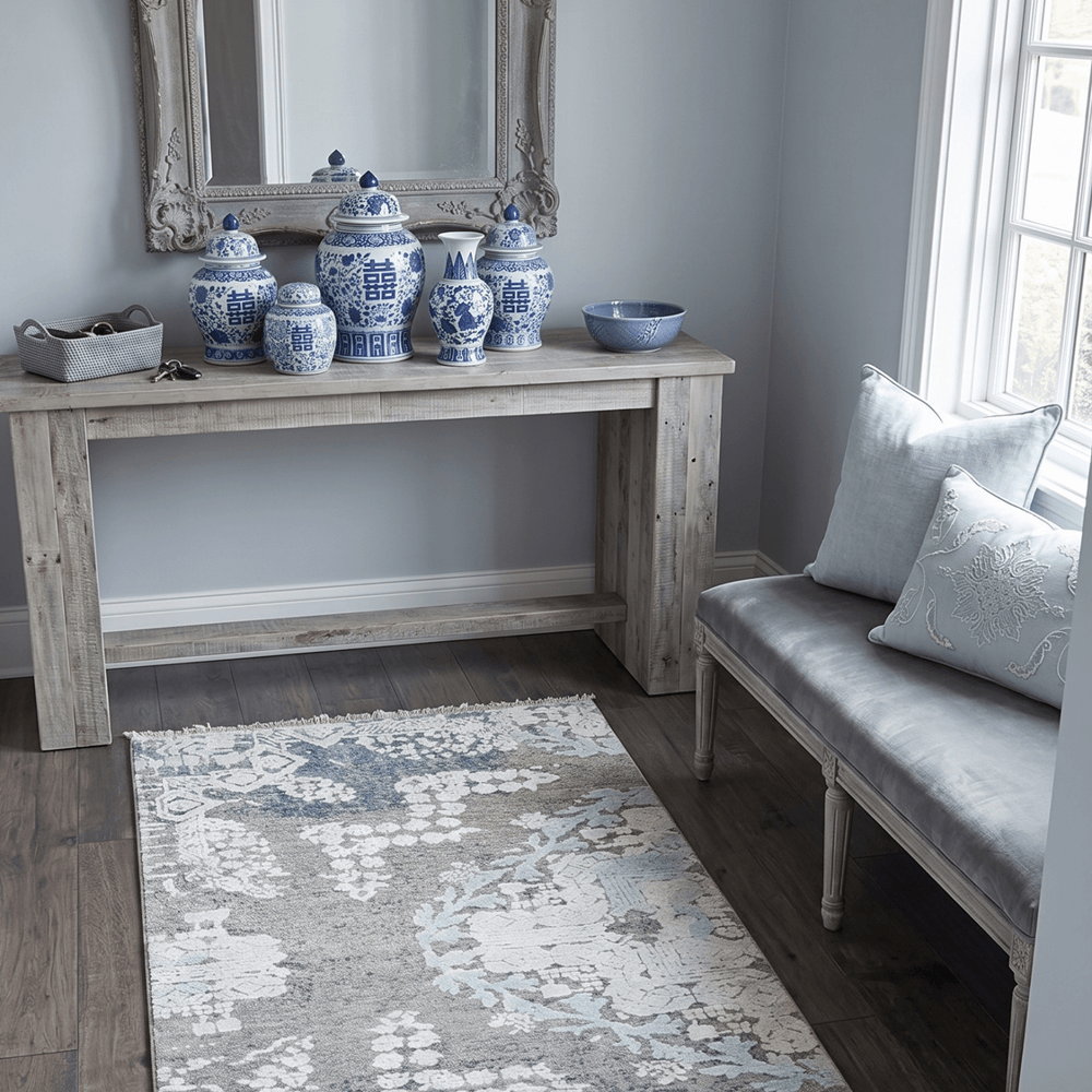 2x4 Beige and Blue Wool and Silk Hand Knotted traditional Vintage Antique Rug