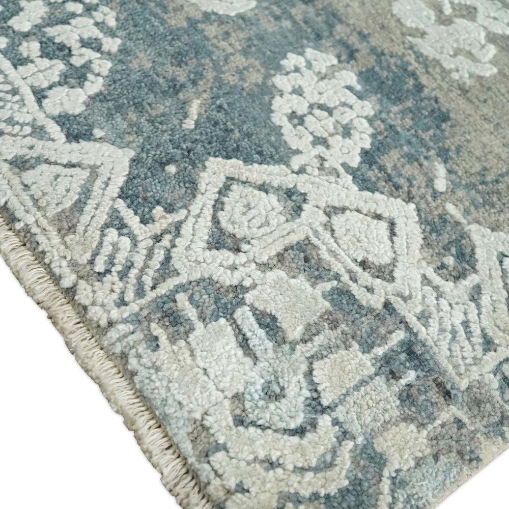 2x4 Beige and Blue Wool and Silk Hand Knotted traditional Vintage Antique Rug