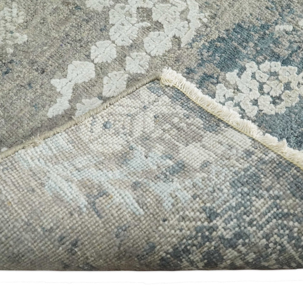 2x4 Beige and Blue Wool and Silk Hand Knotted traditional Vintage Antique Rug