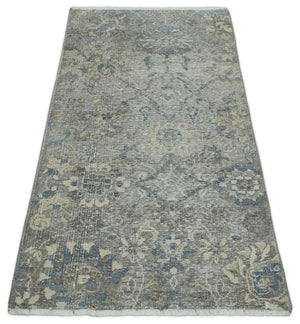 2x4 Gray, Beige and Blue Wool Hand Knotted traditional Vintage Antique Rug