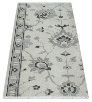 2x4 Hand Knotted Ivory and Silver Traditional Persian Oushak Wool Rug