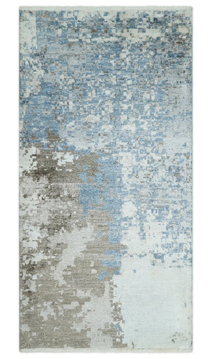 2x4 Modern Abstract Blue and Brown Hand Knotted Art Silk Rug