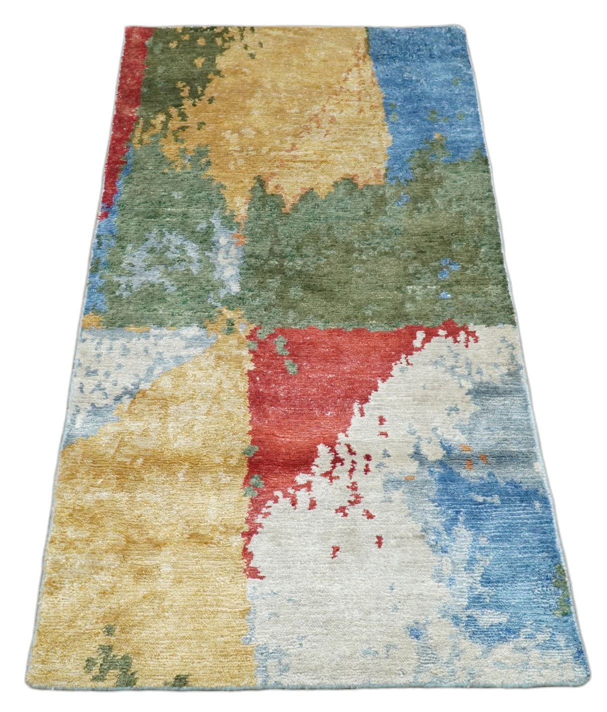 2x4 Modern Abstract Design Multicolor Wool and Silk Hand Knotted Rug