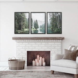 Green Forest River with Trees and Mountain. 3 Piece Wall Art