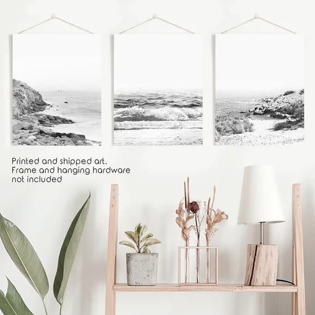 Coastal Black White Photography Set. Waves, Rocky Beach