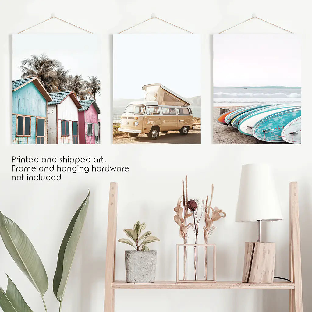 Summer Surfing Wall Art Set. Yellow Bus, Surfboards, Beach Cabins