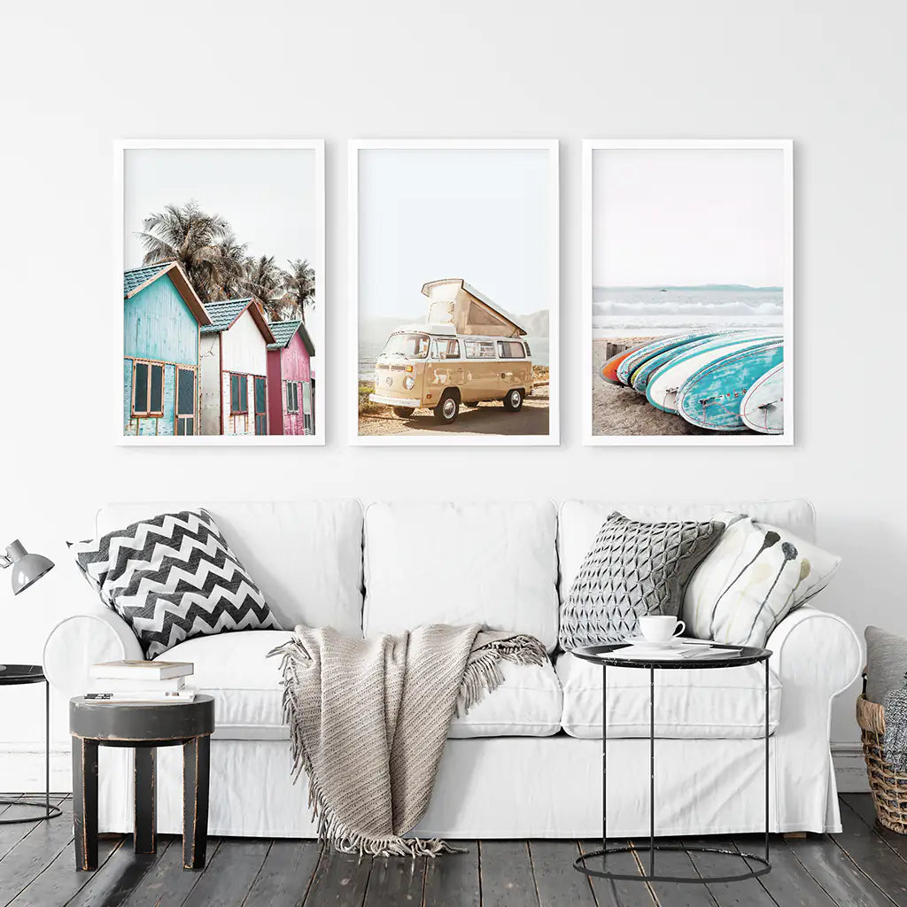 Summer Surfing Wall Art Set. Yellow Bus, Surfboards, Beach Cabins