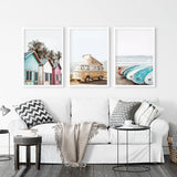 Summer Surfing Wall Art Set. Yellow Bus, Surfboards, Beach Cabins