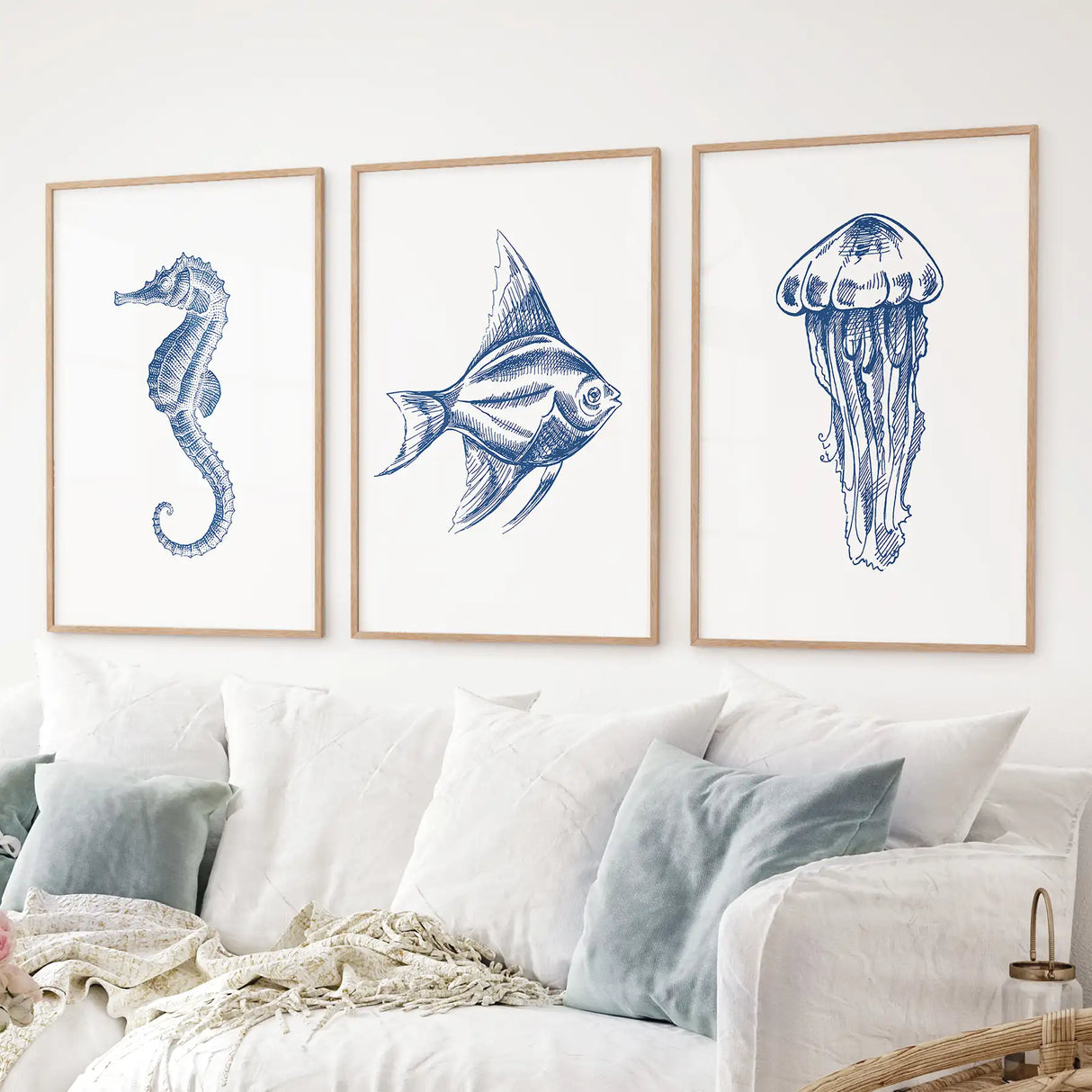 Sea Animal Posters. Seahorse, Fish, Jellyfish Art Print Set