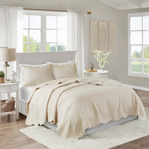 3 Pc Antimicrobial Cream Reversible Scalloped Edge Quilt Set