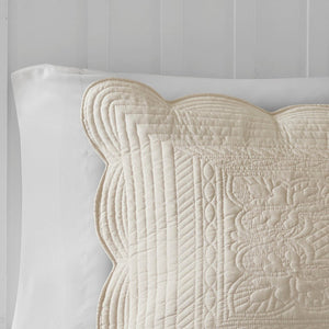 Cream Reversible Quilt Set with Scalloped Edge - 3 Pc Antimicrobial