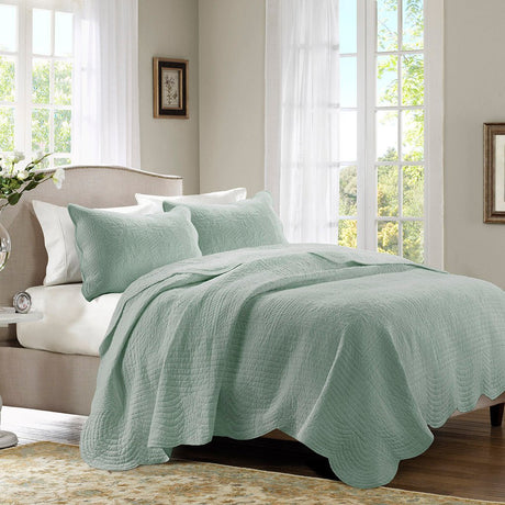 3 piece antimicrobial reversible scalloped edge quilt set king - seafoam - Tuesday Morning - Quilts & Comforters