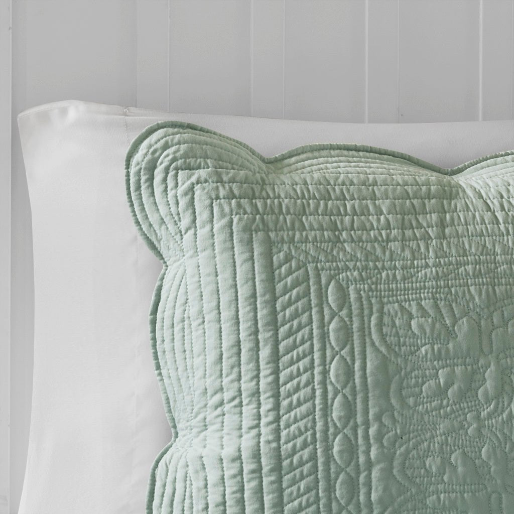 3 piece antimicrobial reversible scalloped edge quilt set king - seafoam - Tuesday Morning - Quilts & Comforters