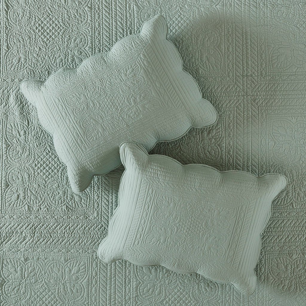 3 piece antimicrobial reversible scalloped edge quilt set queen - seafoam - Tuesday Morning - Quilts & Comforters