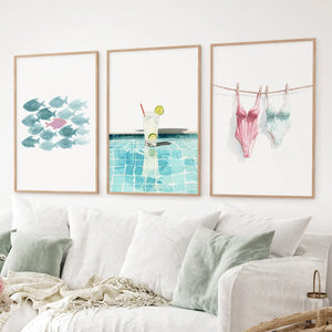 Summer Wall Art Set of 3. Poolside Party Watercolor Prints