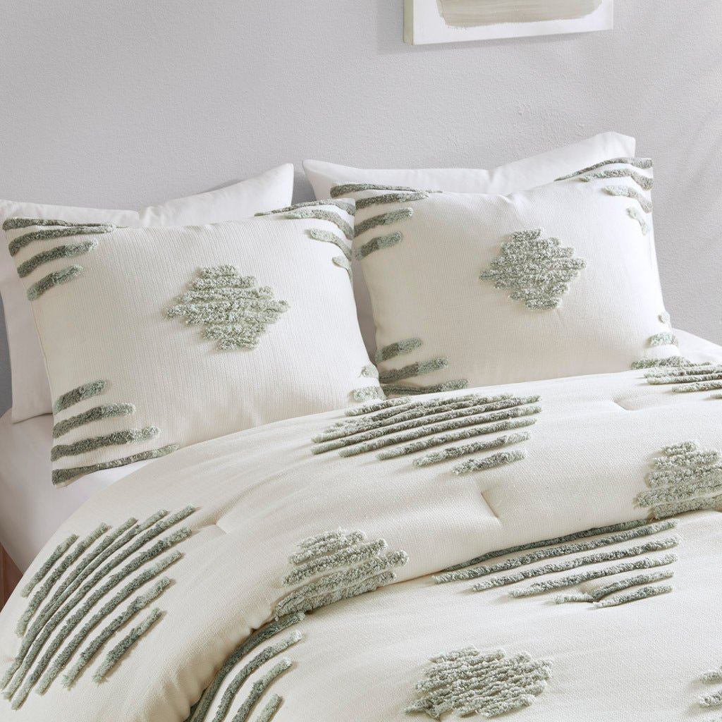 3 piece cotton blend chenille comforter set king/cal king green/white - Tuesday Morning - Quilts & Comforters