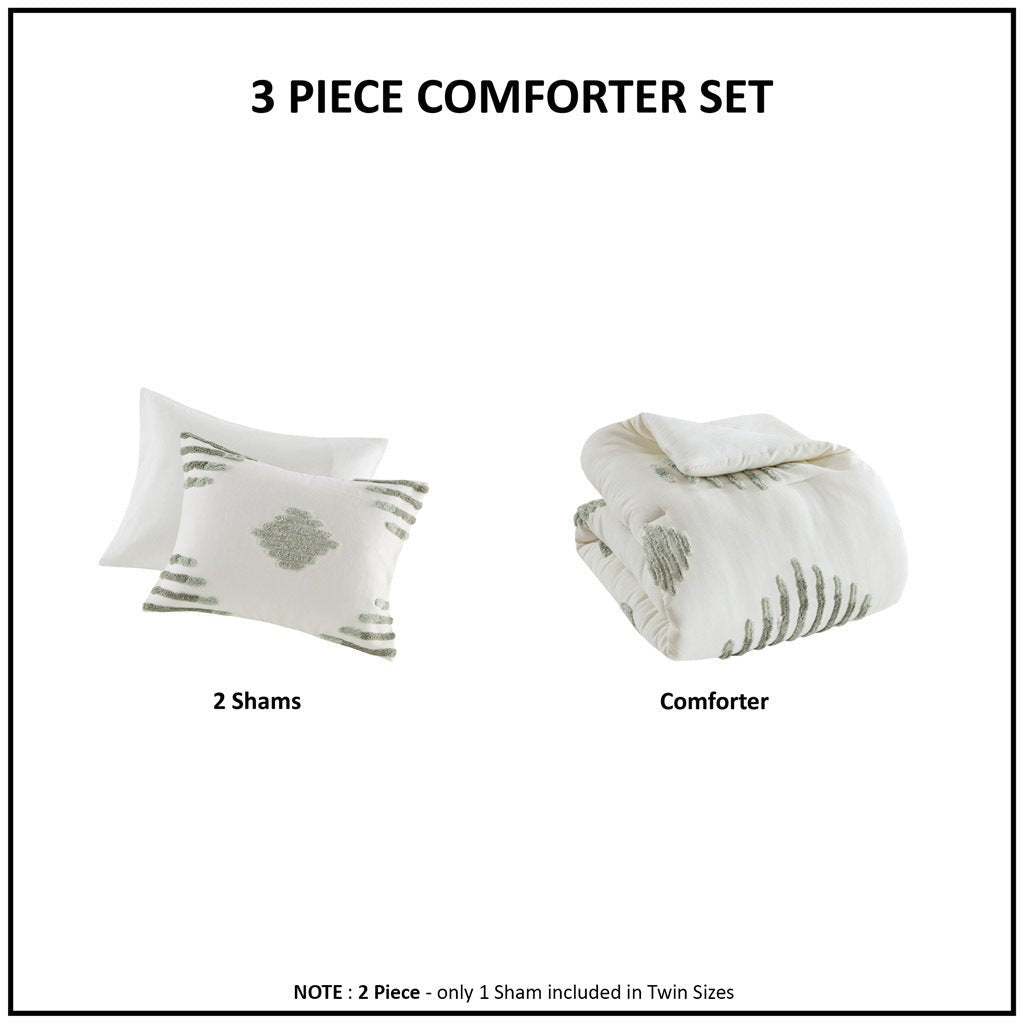 3 piece cotton blend chenille comforter set king/cal king green/white - Tuesday Morning - Quilts & Comforters