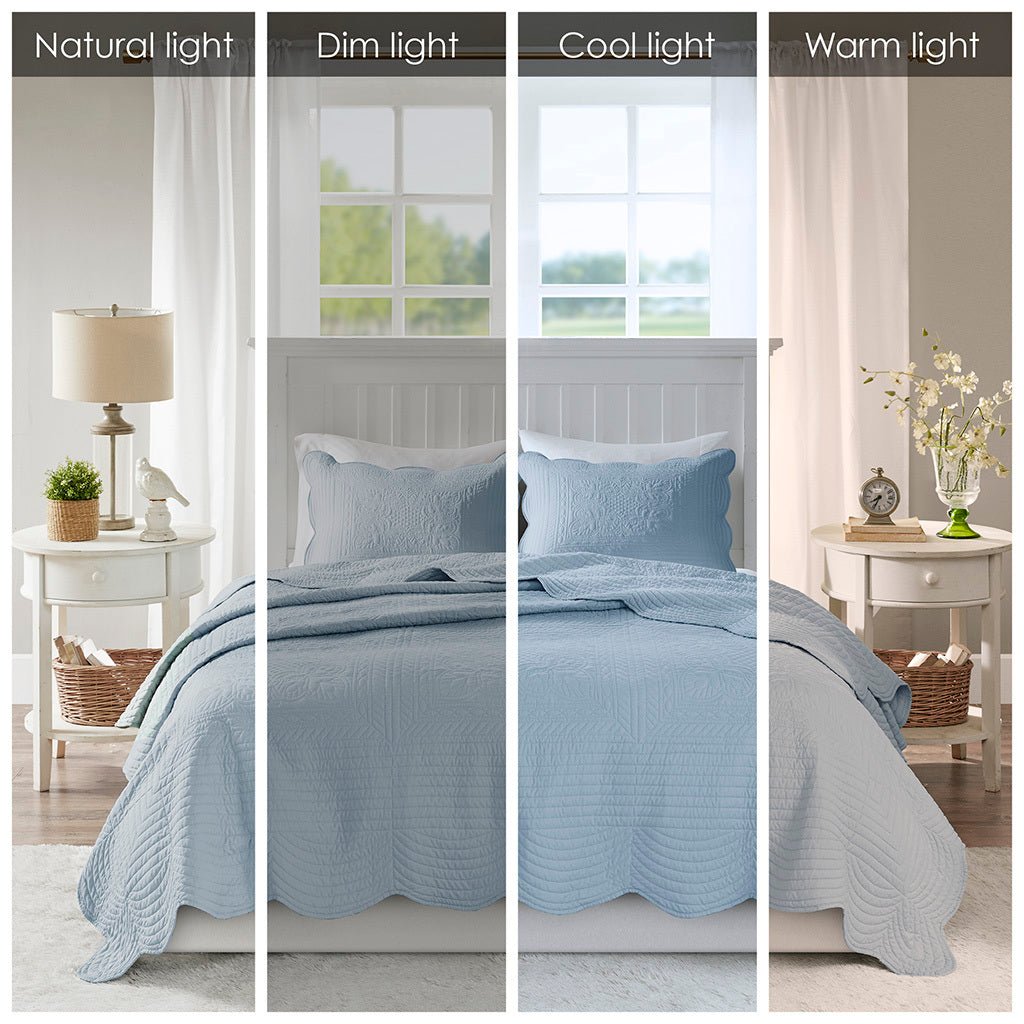 3 piece reversible scalloped edge quilt set queen - blue - Tuesday Morning - Quilts & Comforters