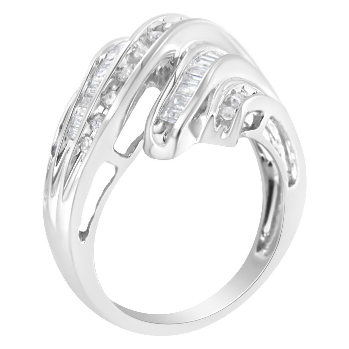 10K White Gold Round and Baguette Cut Diamond Channel Ring (3/4 Cttw, H-I Color, SI2-I1 Clarity)