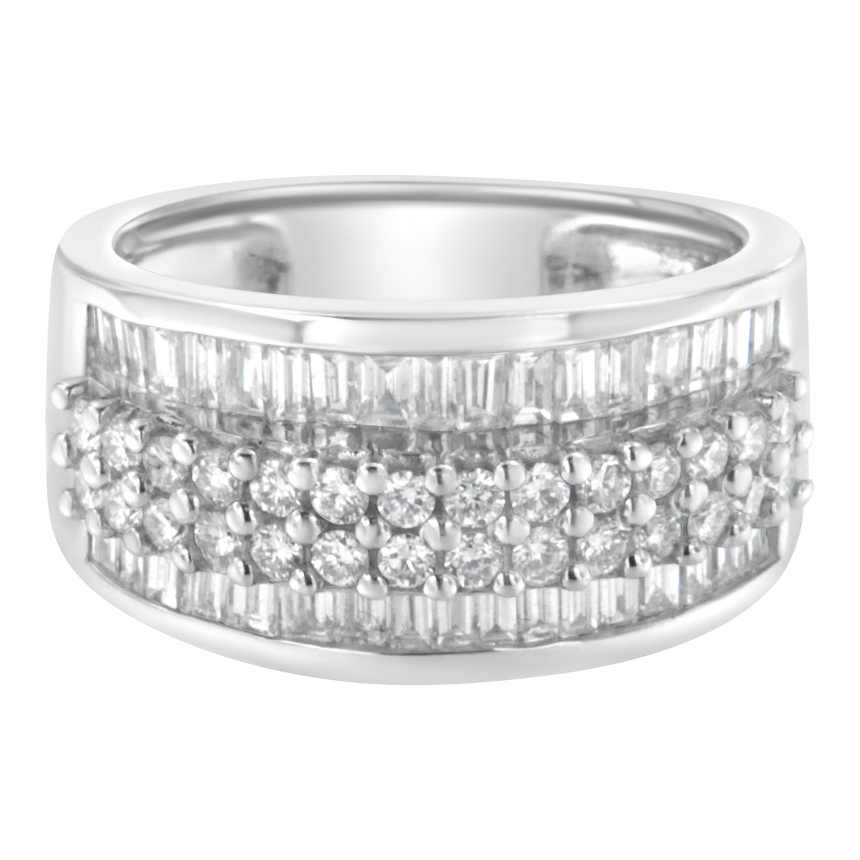14K White Gold Round and Baguette Diamond Ring (1 1/2 Cttw, F-G Color, SI1-SI2 Clarity) - Size 6-3/4