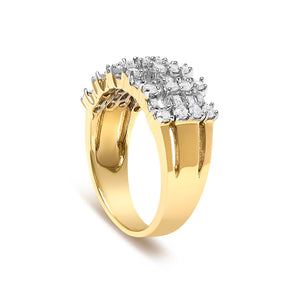 14K Yellow Gold 1.0 Cttw Round and Baguette Diamond Multi-Row Band Ring