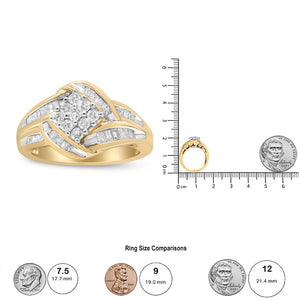 10K Yellow and White Gold 3/4 Cttw Diamond Cluster and Swirl Ring (H-I Color, I1-I2 Clarity)