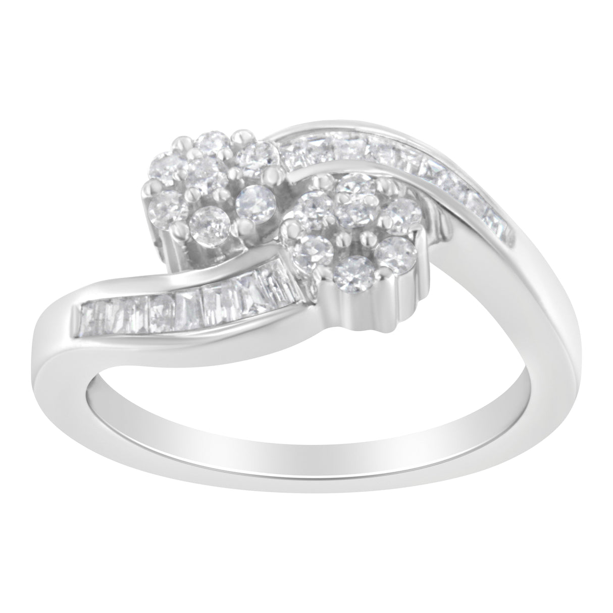 14K White Gold Round and Baguette Diamond Bypass Ring (1/2 cttw, H-I Color, I1-I2 Clarity) - Ring Size 6