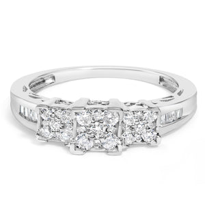 10K White Gold 1/2 Cttw Brilliant & Baguette Cut Diamond 3 Stone Design with 3 Square Clusters Engagement Ring (H-I Color, SI2-I1 Clarity) - Size 6-3/4
