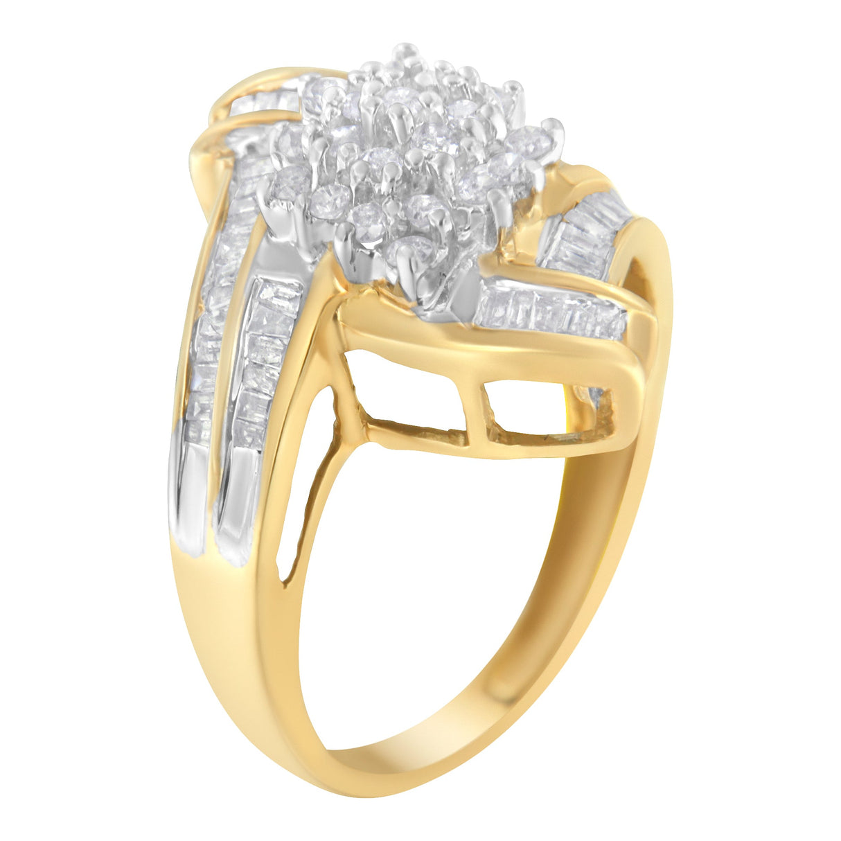 10K Yellow Gold Round and Baguette-Cut Diamond Bypass Cluster Ring (1.0 Cttw, I-J Color, I1-I2 Clarity) - Size 8