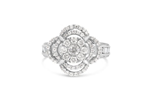 14K White Gold 1.0 Cttw Round & Baguette Cut Diamond Floral Cluster Quatrefoil Channel Set Band Cocktail Statement Ring (H-I Color, SI2-I1 Clarity) - Size 6-3/4