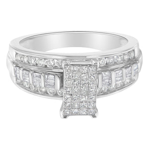 14K White Gold 1.0 Cttw Mixed-Cut Diamond Rectangle Invisible-Set Composite Cluster Ring with Bar- and Channel-Set Band (H-I Color, SI2-I1 Clarity) - Size 7