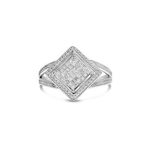 .925 Sterling Silver 1/3 Cttw Invisible Set Princess-Cut Diamond Rhombus and Beaded Halo Ring (H-I Color, SI1-SI2 Clarity)