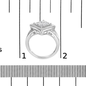 .925 Sterling Silver 1/3 Cttw Invisible Set Princess-Cut Diamond Rhombus and Beaded Halo Ring (H-I Color, SI1-SI2 Clarity)