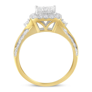 10K Yellow Gold 1.0 Cttw Diamond Composite Cushion-Shape Halo 3-Band-Look Engagement Ring (H-I Color, SI1-SI2 Clarity) - Size 6-1/4