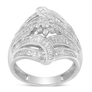 .925 Sterling Silver 1-1/8 Cttw Round & Baguette Diamond 'Flower & Fern' Cluster Cocktail Fashion Ring (I-J Color, I2-I3 Clarity) - Size 6