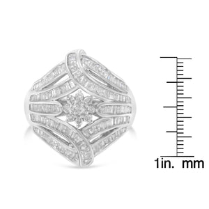 .925 Sterling Silver 1-1/8 Cttw Round & Baguette Diamond 'Flower & Fern' Cluster Cocktail Fashion Ring (I-J Color, I2-I3 Clarity)