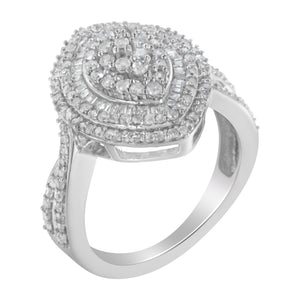 .925 Sterling Silver 1.0 Cttw Round & Baguette-Cut Diamond Marquise-Shaped Cluster Triple Stepped Halo Cocktail Fashion Ring (I-J Color, I2-I3 Clarity) - Size 7