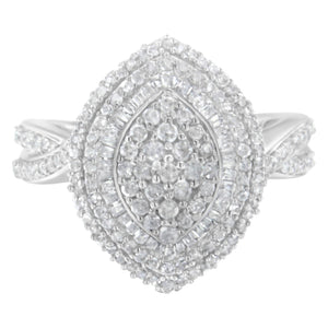.925 Sterling Silver 1.0 Cttw Round & Baguette-Cut Diamond Marquise-Shaped Cluster Triple Stepped Halo Cocktail Fashion Ring (I-J Color, I2-I3 Clarity) - Size 7