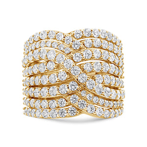 10K Yellow Gold 3.0 Cttw Diamond Eight-Row Bypass Crossover Statement Band Ring (H-I Color, I2-I3 Clarity) - Size 7